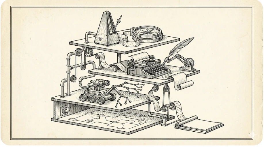 Engraving-style mechanical diagram showing orchestrator, writer model, and computer-use driver layers