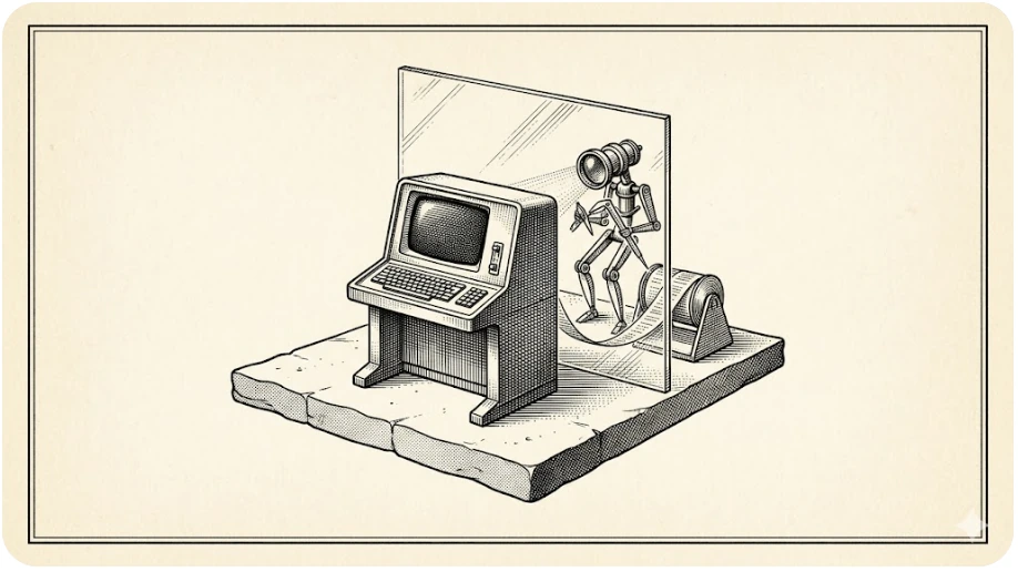 Engraving-style metaphor of a mechanical agent behind glass, a terminal console, and an MDX manuscript