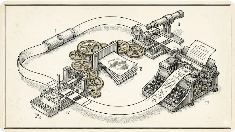 Engraving-style recursive paper loop passing through brief, observation, drafting, and redaction stations