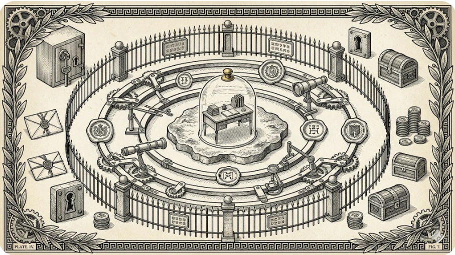 Engraving-style security model with permission rings, a protected desktop island, and forbidden secret zones