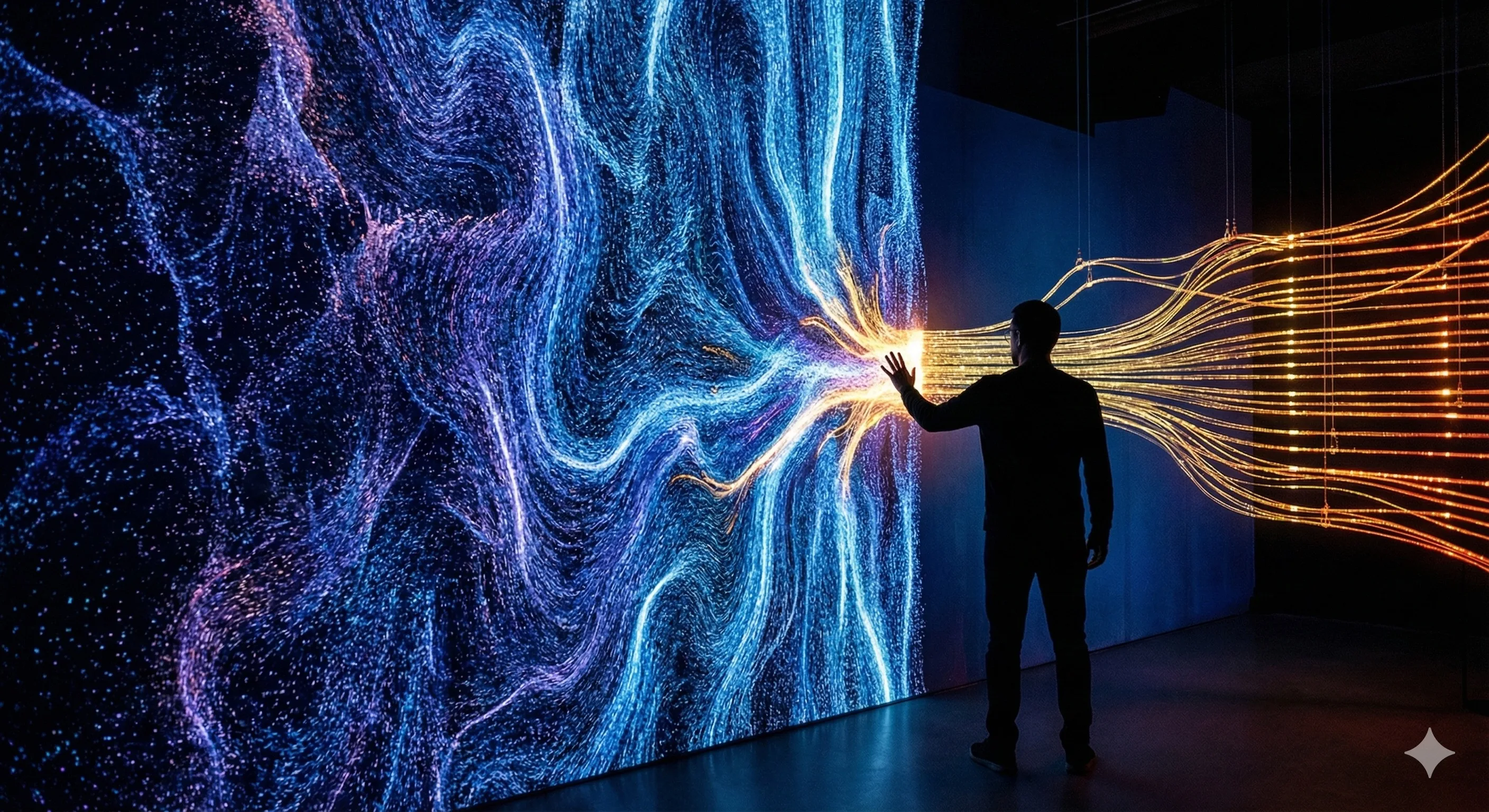 Human silhouette touching interactive data wall - blue and orange data flows