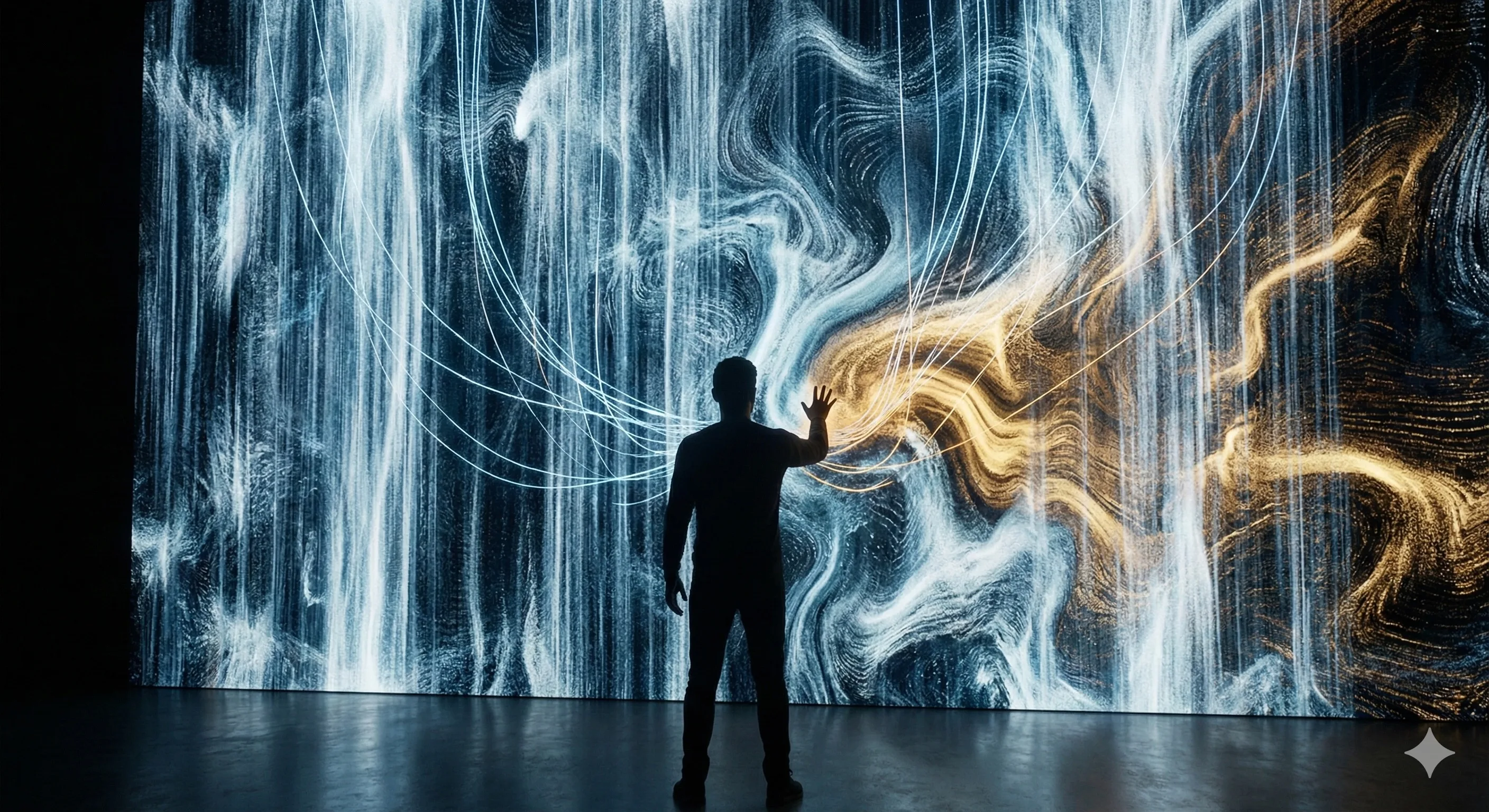 Human silhouette in front of massive data waterfall - white and gold flows