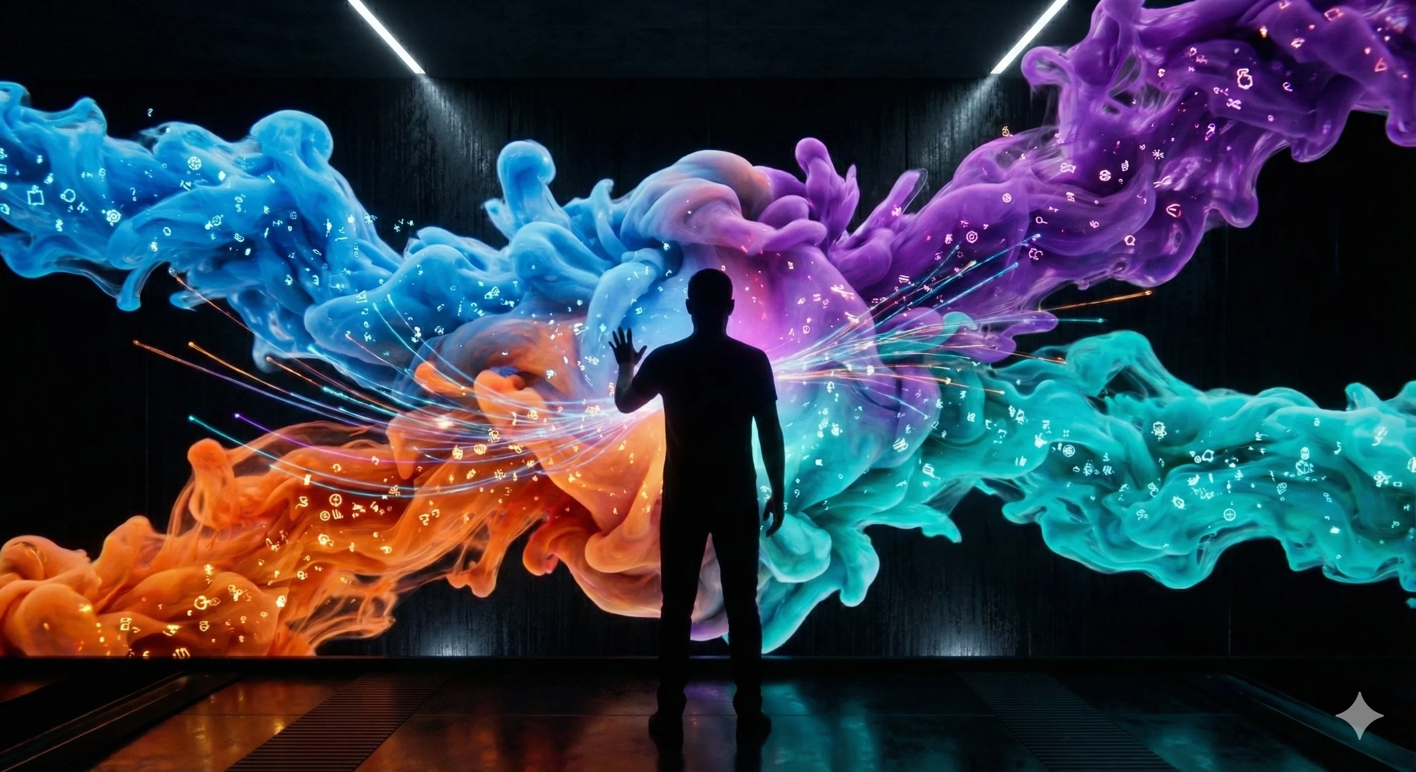 Four colored cloud forms - blue, orange, purple, turquoise - human silhouette in the middle