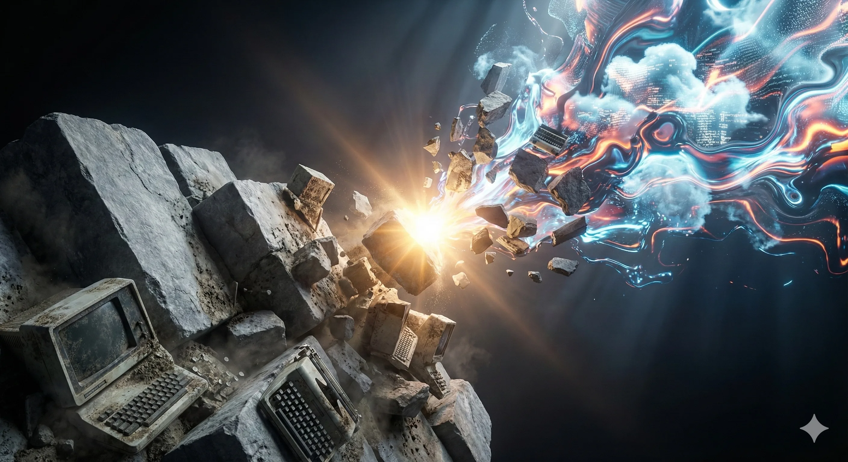 Old computers embedded in rocks, light explosion transitioning to fluid digital future