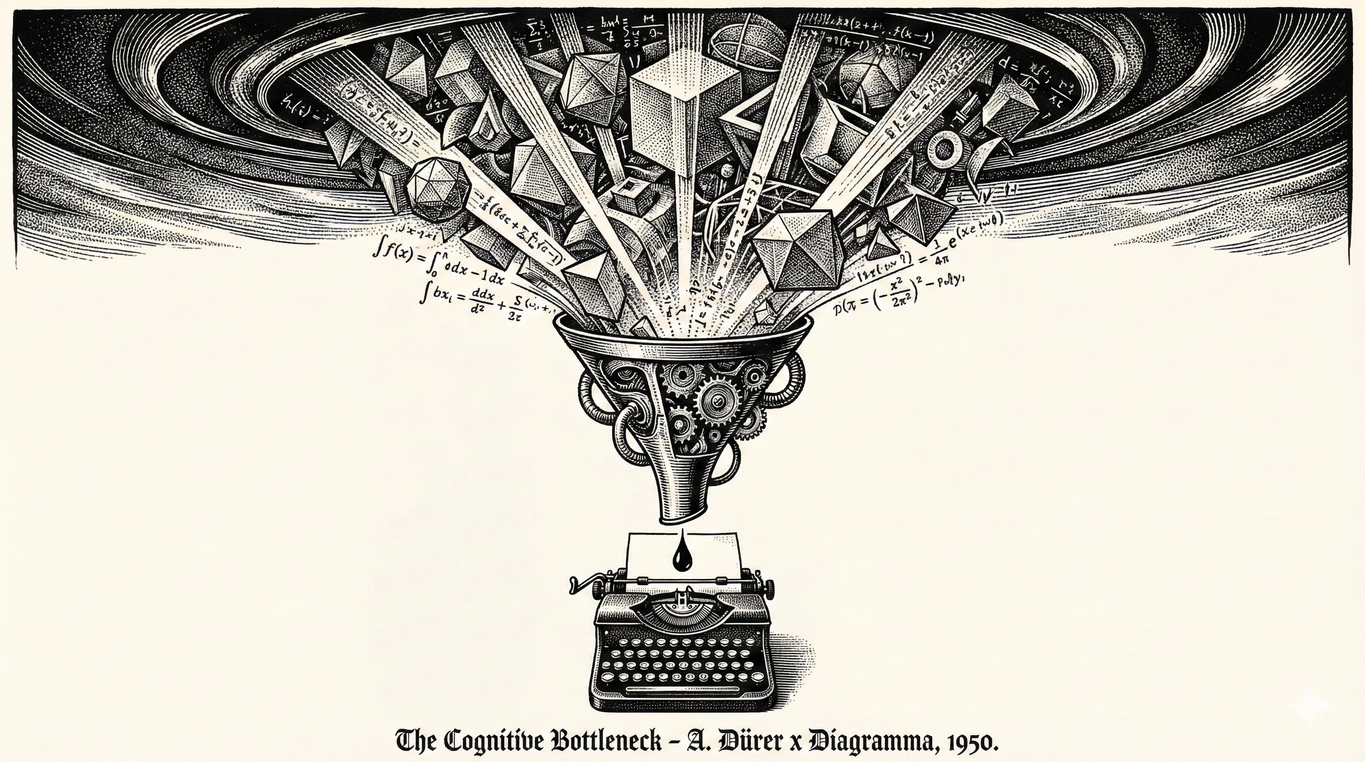 Devasa düşünce şelalesi küçük bir daktiloya akıyor - darboğaz metaforu