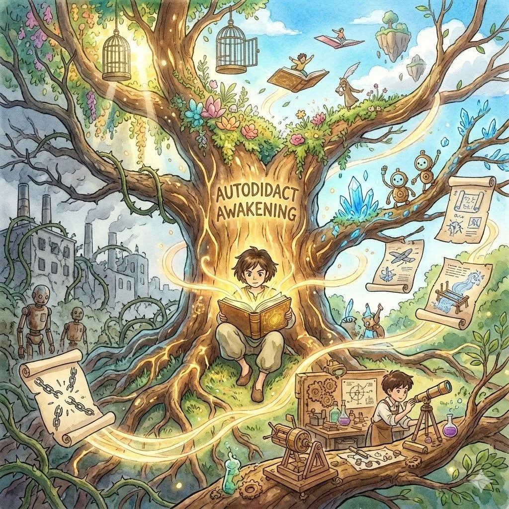 The Autodidact Awakening - A child reads beneath a great tree while cages break open and knowledge flows freely
