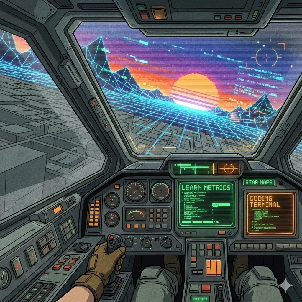 Retro-futuristic cockpit view with LEARN METRICS display, CODING TERMINAL, and a synthwave horizon stretching to infinity