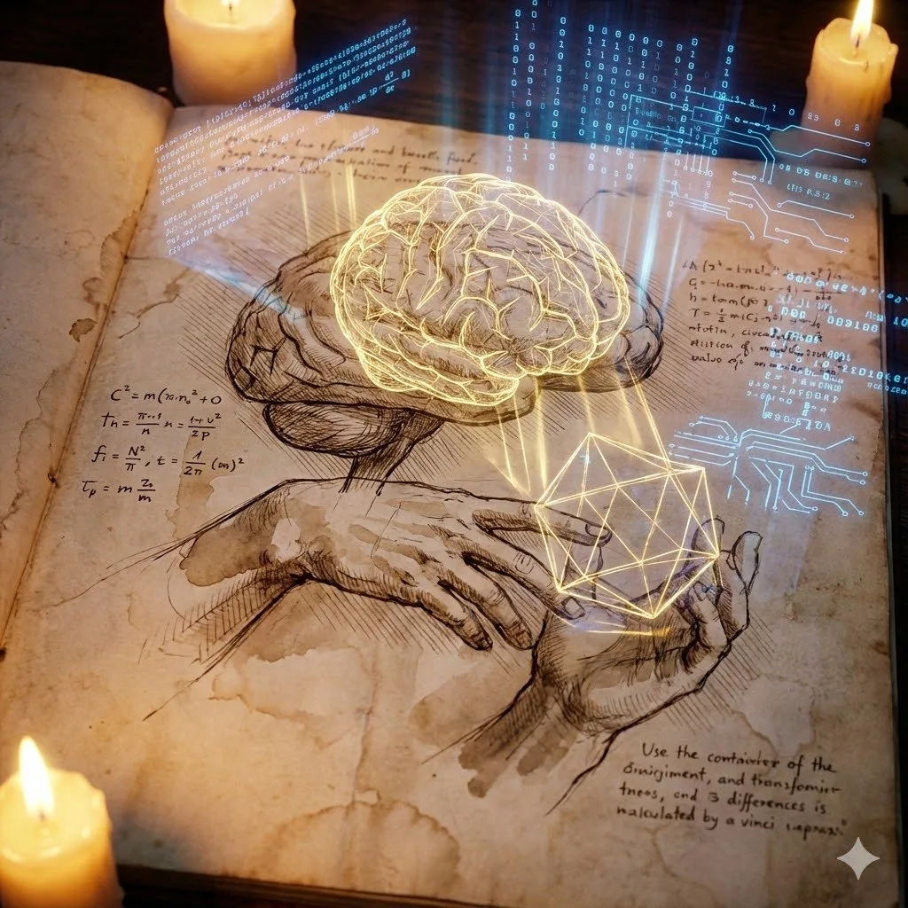 Da Vinci-style sketch with holographic brain projection, blending Renaissance art with neural networks and digital code
