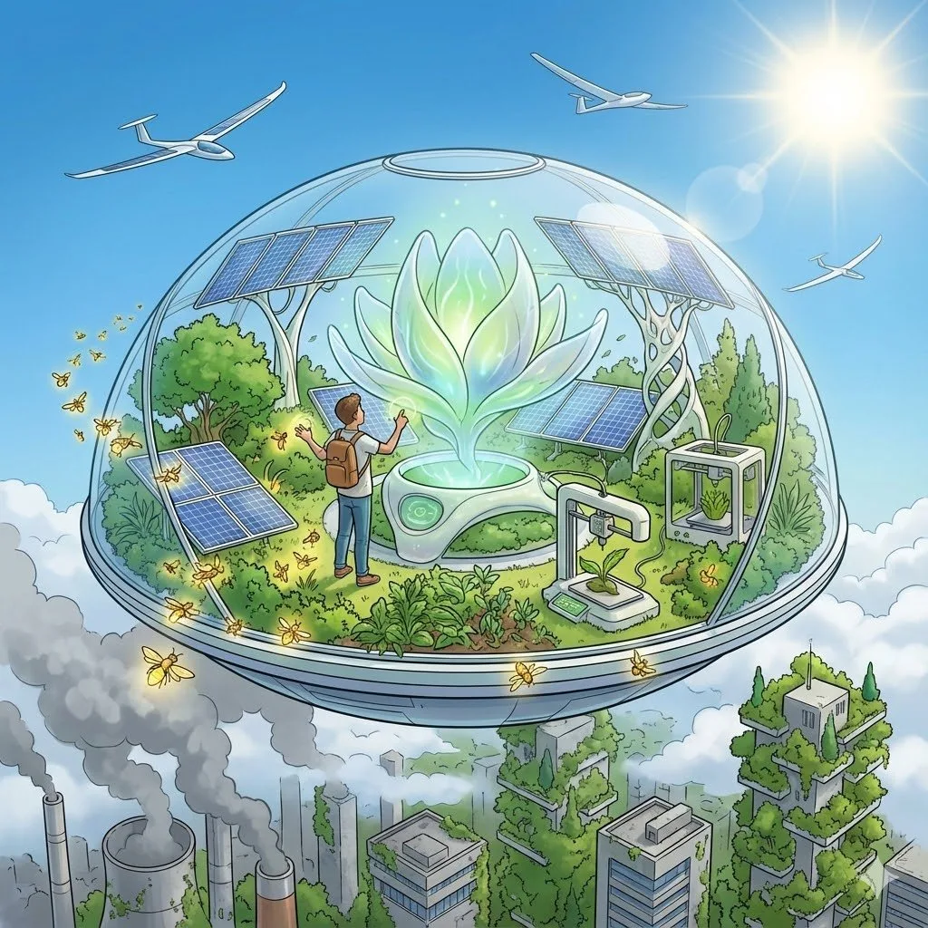 A person stands inside a floating dome ecosystem with solar panels, nature, and AI, rising above a polluted industrial city