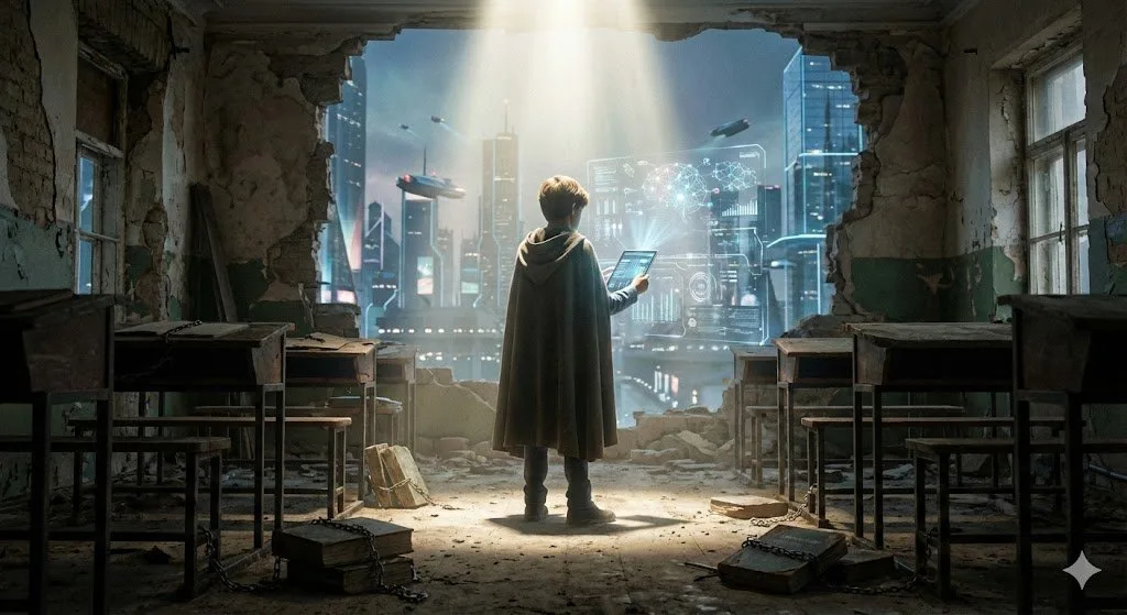 A child stands in a ruined classroom, holding a tablet that projects holographic knowledge, while a futuristic city gleams through the broken wall