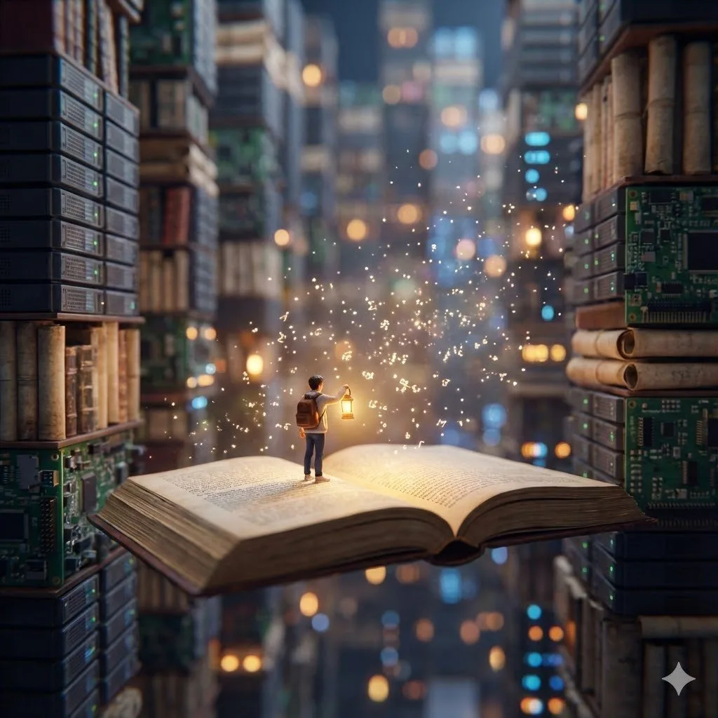 A tiny figure stands on a floating open book, holding a lantern, surrounded by towers of books and circuit boards reaching to infinity