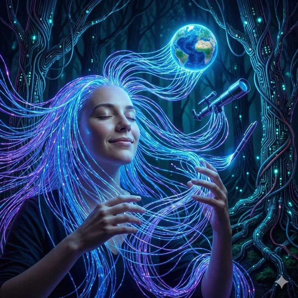 A woman with closed eyes and a peaceful smile, her hair transformed into glowing neural networks connecting to Earth and the cosmos