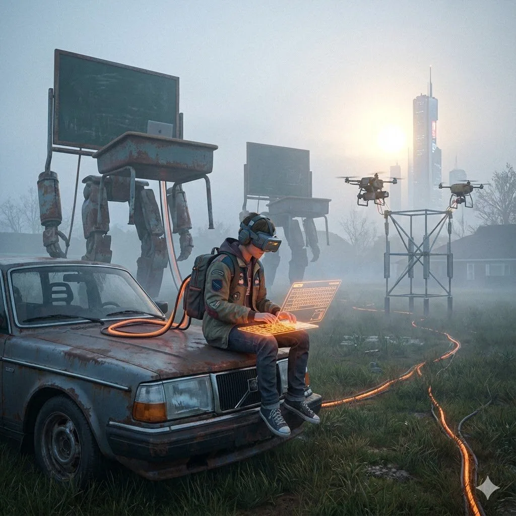 A young learner with VR headset sits on a rusted car, coding on a glowing laptop while walking classrooms roam the post-industrial landscape