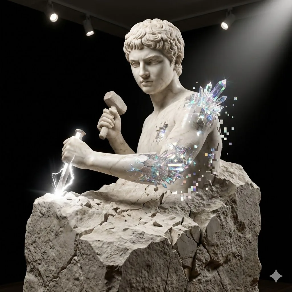 A marble sculptor emerges from stone, one arm transforming into crystalline digital structures, holding hammer and chisel