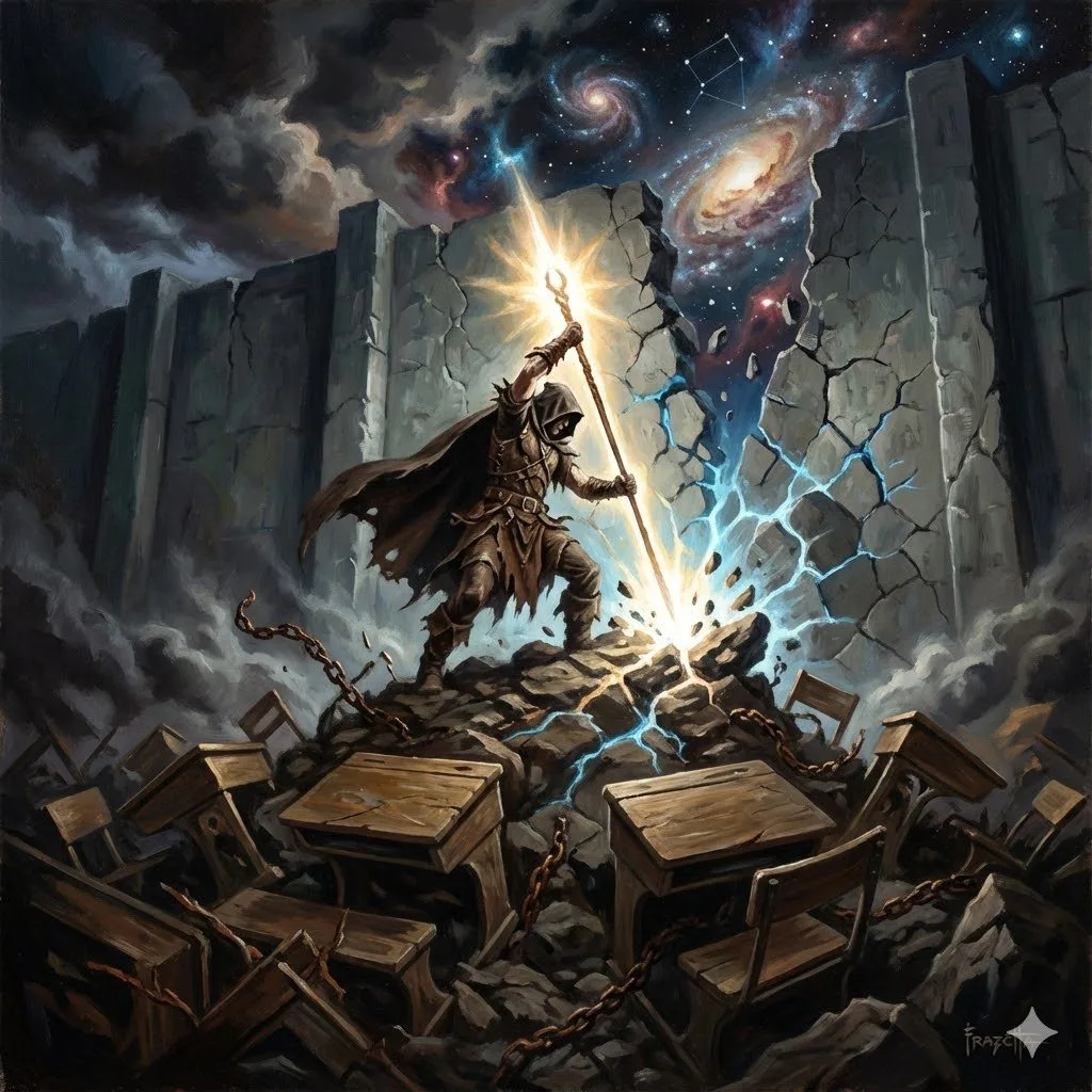 A cloaked figure with a glowing staff shatters a massive wall, revealing galaxies and infinite space beyond, broken school desks scattered below